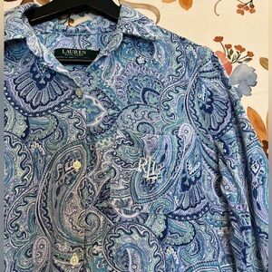 Lauren Ralph Lauren Womens S Blue Paisley Embroidered Button Collared Nightgown